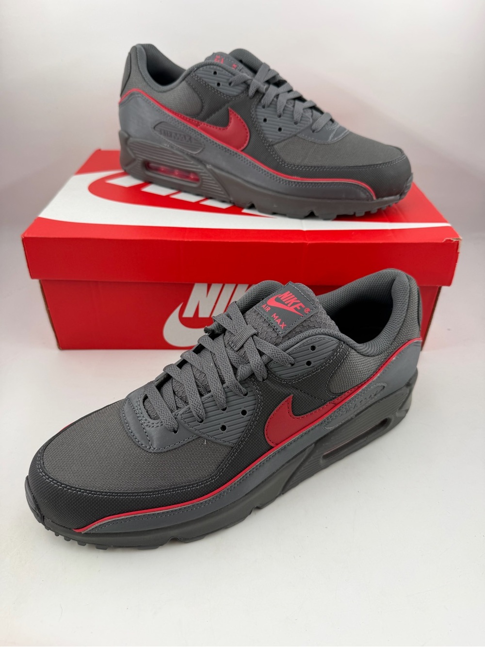 Nike Men’s Air Max 90’s Premium -SZ 13- Iron Grey University Red Running Sneaker